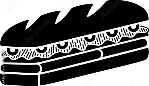 Sandwich icon with baguette, filling, and olives. Fast food meal or snack. Simple black silhouette vector illustration for menu design