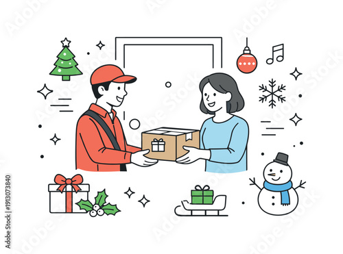Holiday delivery arrival. Courier handing over a package at the door, friendly interaction and seasonal cheer. Simple door, box, and festive