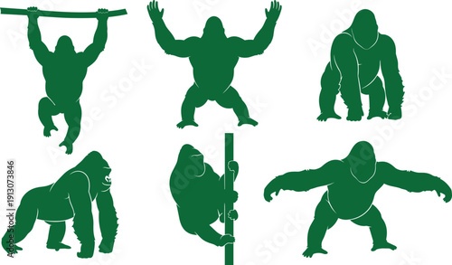 Gorilla silhouette set in dynamic poses isolated on white background, powerful wild primate vector collection for logo, mascot and wildlife design