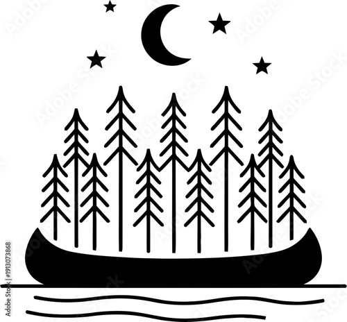 Simple canoe on water with forest and night sky a crescent moon and stars. Outdoor adventure and nature concept. Vector illustration