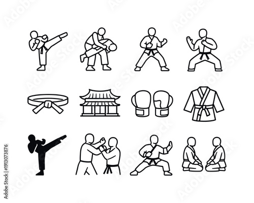   Martial Arts. Line icon set of Martial Arts: karate kick pose, judo throw, taekwondo stance, kung fu block, martial arts belt, dojo building,