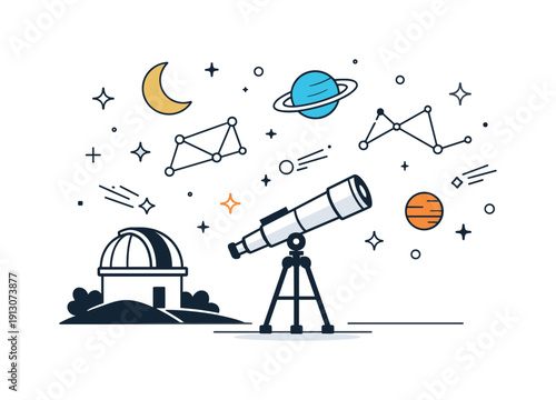 Starlit Observatory Scene. Observatory at night. Telescope standing under a star-filled sky with abstract constellations and planets. Peaceful nighttime scene