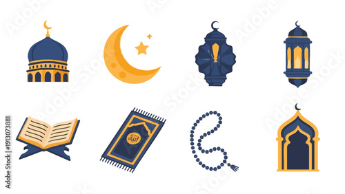 Flat lay of Islamic icons and symbols on a white background, including mosque domes, a crescent moon, lantern, Quran, prayer beads, and prayer mat in blue and gold colors.