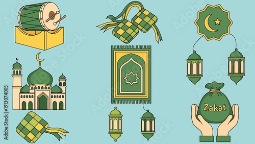 Islamic Symbols and Objects for Ramadan and Eid Celebrations.