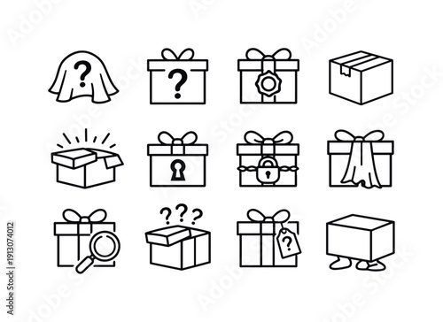 Mystery Gift Icons. Mystery gift concept. Line icon set of Mystery gift concept: unknown present, question mark box, sealed gift box, secret package, hidden