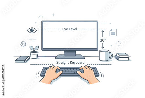 Monitor and keyboard alignment close-up. Focused view showing correct monitor height, straight keyboard placement, and hand positioning for