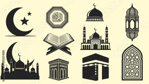 Islamic Symbols Collection Featuring Mosques and Holy Texts.