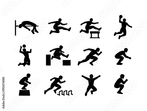 Athletic jumping. Solid icon set of athletic jumping: high jump athlete, long jump athlete, hurdle jump, basketball jump shot, volleyball