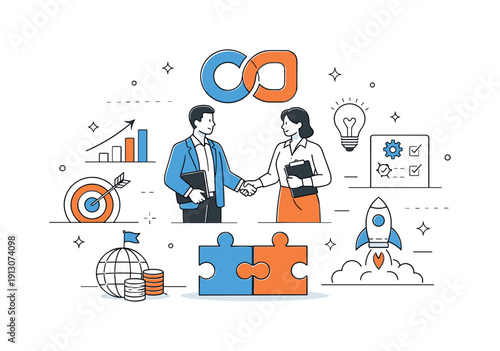 Business partnership sponsorship. A calm editorial scene showing shared goals, joint logos, and coordinated effort. Clean geometry and open