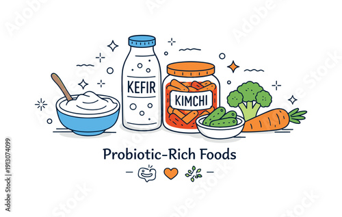 Probiotic-rich foods. Neatly arranged yogurt, kefir, kimchi, and vegetables, calm and natural composition. Editorial depiction of nutrition