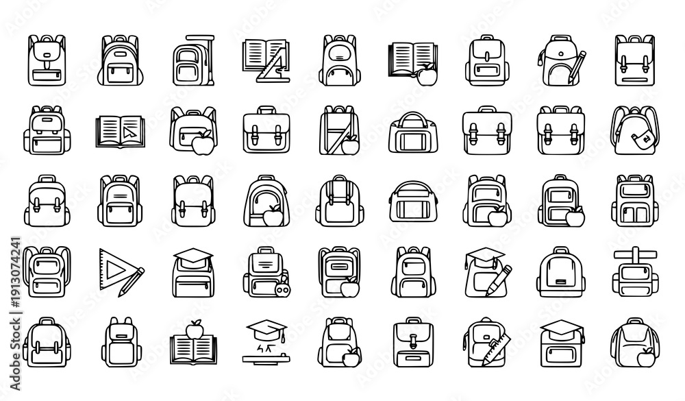 Fototapeta premium Outline school backpack and student bag line icon set