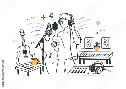 Studio Rehearsal Vibes. Album creation process. Recording artist rehearsing vocals in a relaxed studio space, preparing for final takes. Reflective mood with