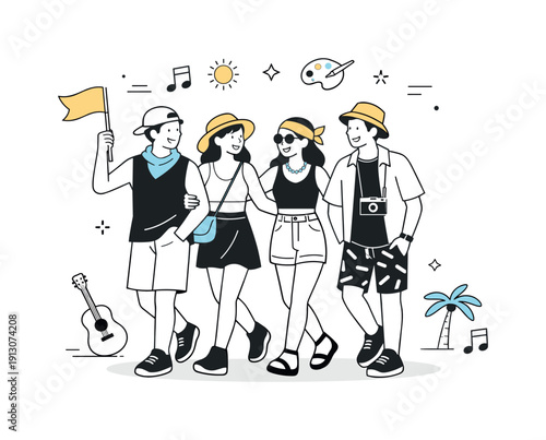 Music festival fashion. People walking together in coordinated yet unique outfits, relaxed and joyful interaction. Simple symbols hint at