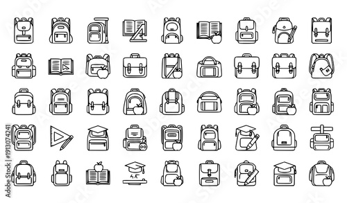 Outline school backpack and student bag line icon set