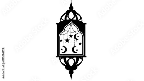 Islamic Lantern with Crescent Moons and Stars Silhouette.