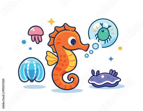 Seahorses and other unique marine species represented by a curious seahorse interacting with abstract plankton and bubbles in open water. The