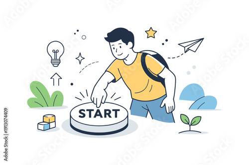 Building confidence through action. A person confidently pressing a start button or launching a simple idea, surrounded by supportive