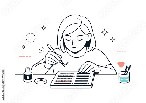 Precision eyelash styling. A focused beauty specialist working with an applicator and lash tray, arranging extensions neatly. The