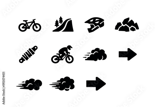   Mountain biking adventure. Filled icon set of Mountain biking adventure: mountain bike,