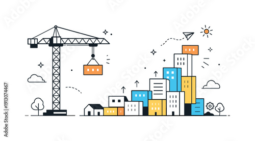 A construction crane over a developing city district, representing growth and change. An abstract editorial visualization of city blocks