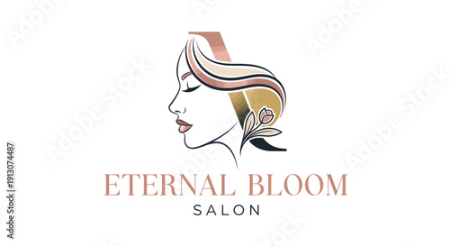 Elegant woman profile logo for beauty salon with flowing hair and floral accents.