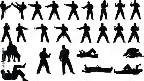 Karate martial arts silhouette set with fighting stances, kicks, punches and ground combat poses isolated on white background, combat sport vector collection