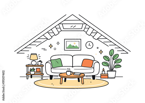 Cozy attic living space. Finished attic room with sofa, rug, plants, and soft lighting under the roof. Warm, inviting mood with minimal