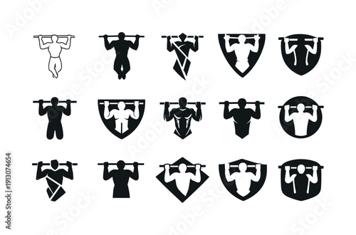 Calisthenics Logo Set. Calisthenics street workouts. Icon set. Set Logo of Calisthenics street workouts: athlete doing pull-up on bar. harmonious