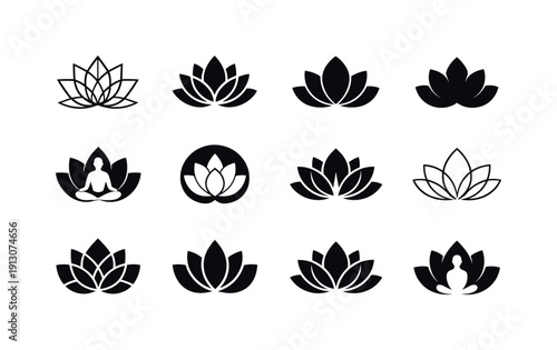 Inner peace. Icon set. Set Logo of inner peace: lotus flower symbol. harmonious logo variations of the same emblematic concept, each with