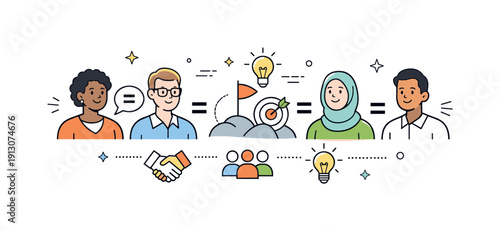 Inclusive Workplace Harmony. Equity and inclusion at work. A clean composition with diverse people connected by equal symbols and shared goals, representing