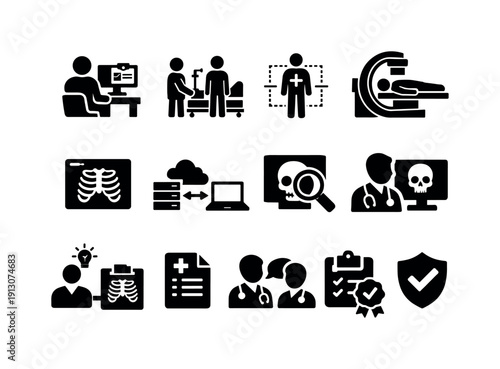    X-ray workflow. Solid icon set of x-ray workflow: patient registration, preparation step, positioning diagram, scan execution,    capture,