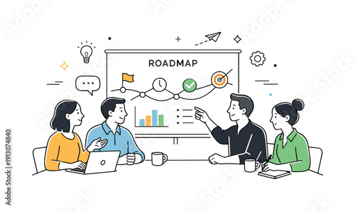 Collaborative Roadmap Discussion. Strategic business meeting. A small team discussing a roadmap on a screen with simple charts and milestones. The mood