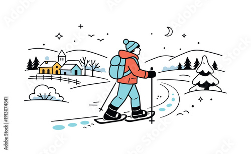    Snowshoe hiking near towns. Calm winter morning with a person snowshoeing along a trail just outside a small town, houses and trees in the