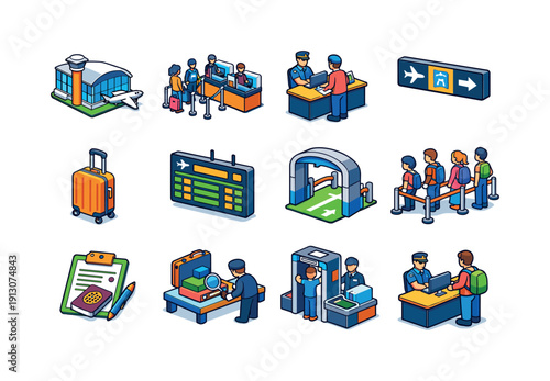Airport immigration. Colorful isometric vector icons set of airport immigration: arrival terminal, immigration line, officer desk, overhead
