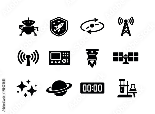 Space Mission Icons. Space Mission Probes. Solid icon set of Space Mission Probes: spacecraft probe, mission patch, flight path arrows, antenna