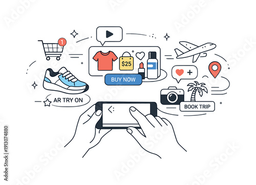 Augmented reality marketing. A person holding a smartphone while digital product elements appear layered over the real world, calm and