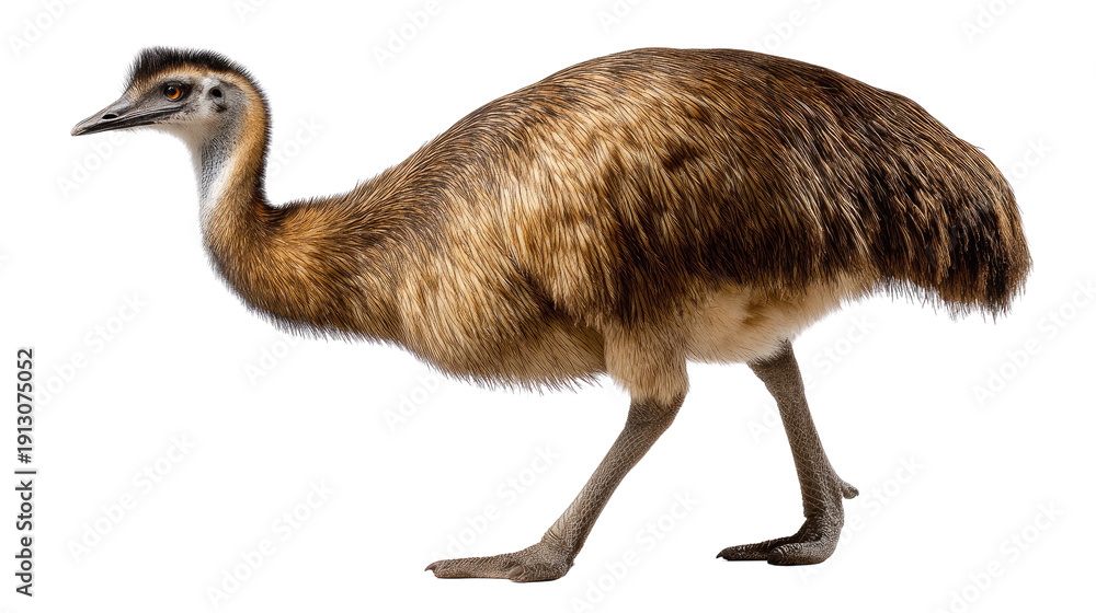 Obraz premium Emu in Motion: An emu strides confidently across a stark background, its unique plumage and powerful legs conveying a sense of freedom and natural beauty.