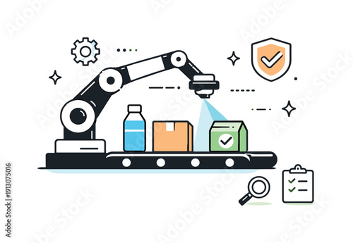 Automated quality control. A robotic arm scanning products with a simple sensor beam, representing inspection and consistency. The