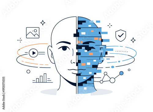 Deepfake technology. Abstract human face split into real and digital layers, subtle pixel distortions and data lines flowing around. Calm