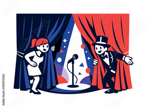   Stage curtain fabric. Dramatic theater curtain partially open, deep folds and spotlight glow