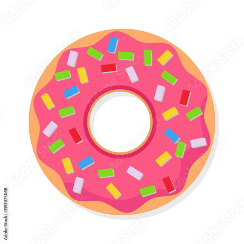 Flat vector donut with creamy glaze and chocolate decoration, colorful sweet pastry isolated on neutral background.