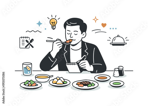 Restaurant food critique. Critic seated at a table with multiple small plates, jotting observations after a bite. Editorial dining scene