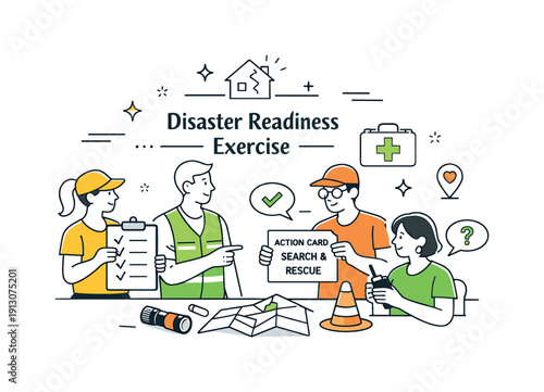 Disaster readiness exercise. People practice teamwork scenarios using checklists and simple action cards. Thoughtful planning and cooperative