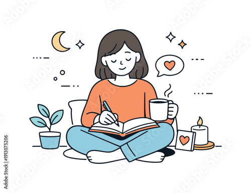 Reflective Healing Moment. Healing from past relationships. A character sitting quietly with a notebook and a warm drink, reflecting in a calm, safe space. The