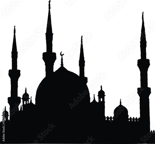 Silhouette illustration of the Blue Mosque in Istanbul at sunset with city skyline and historic architecture