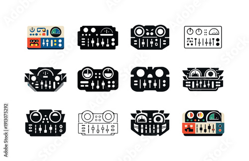 retro-futuristic machines. Icon set. Set Logo of retro-futuristic machines: analog control panel. harmonious logo variations of the same