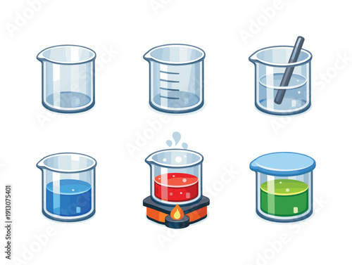    Beakers. Isometric flat vector icons set of Beakers: glass beaker, graduated beaker, mixing beaker, beaker with liquid, heated beaker,