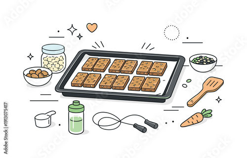 Homemade energy bar recipe. A calm editorial scene showing a baking tray filled with cut energy bars cooling on a counter. The mood feels