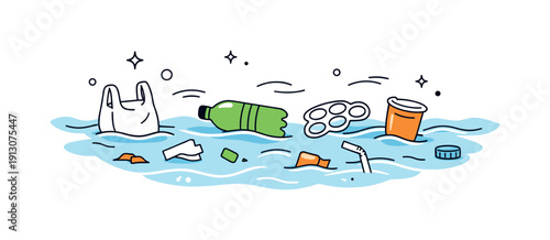 Ocean pollution. Floating plastic waste drifting in calm blue water, creating a quiet but alarming scene. Small abstract waves and debris