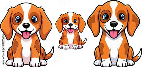 Vector illustration of three happy cartoon beagle puppies with bright blue eyes and orange-brown fur, isolated on transparent background.